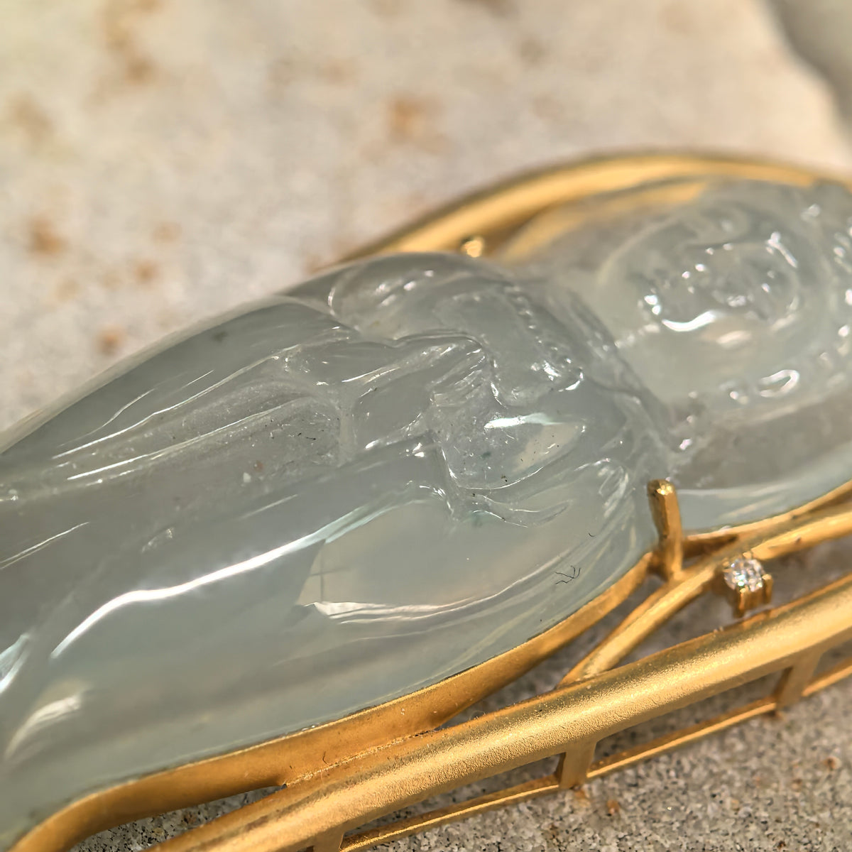 Icy Glutinous Greenish White Guanyin Jadeite Pendant with 18K Gold Setting