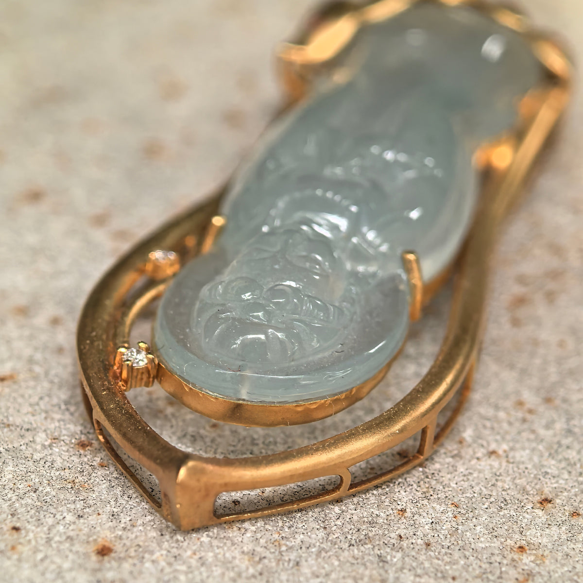 Icy Glutinous Greenish White Guanyin Jadeite Pendant with 18K Gold Setting