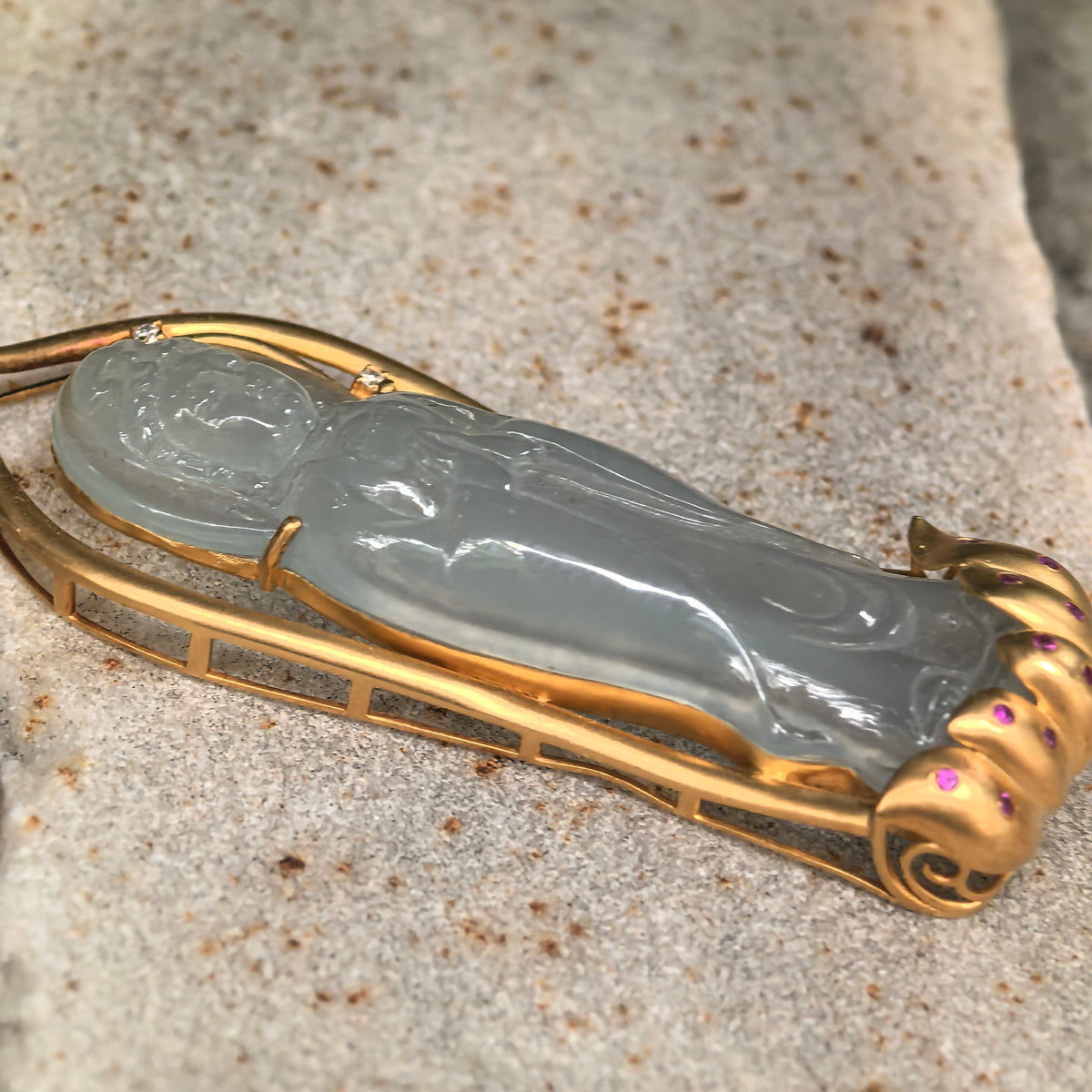 Icy Glutinous Greenish White Guanyin Jadeite Pendant with 18K Gold Setting