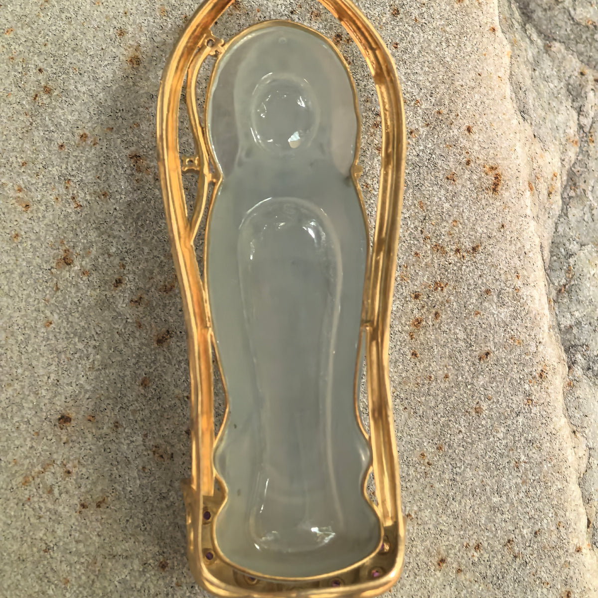 Icy Glutinous Greenish White Guanyin Jadeite Pendant with 18K Gold Setting
