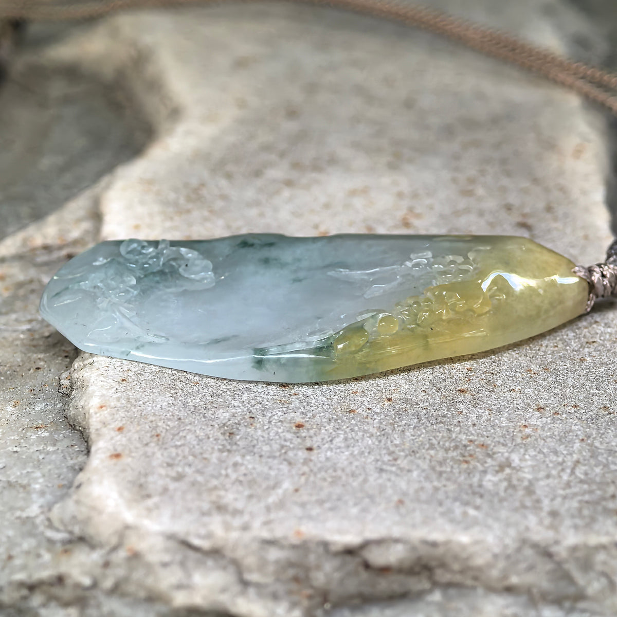 Icy Glutinous Yellow and Green Jadeite Freeform Floral Pendant