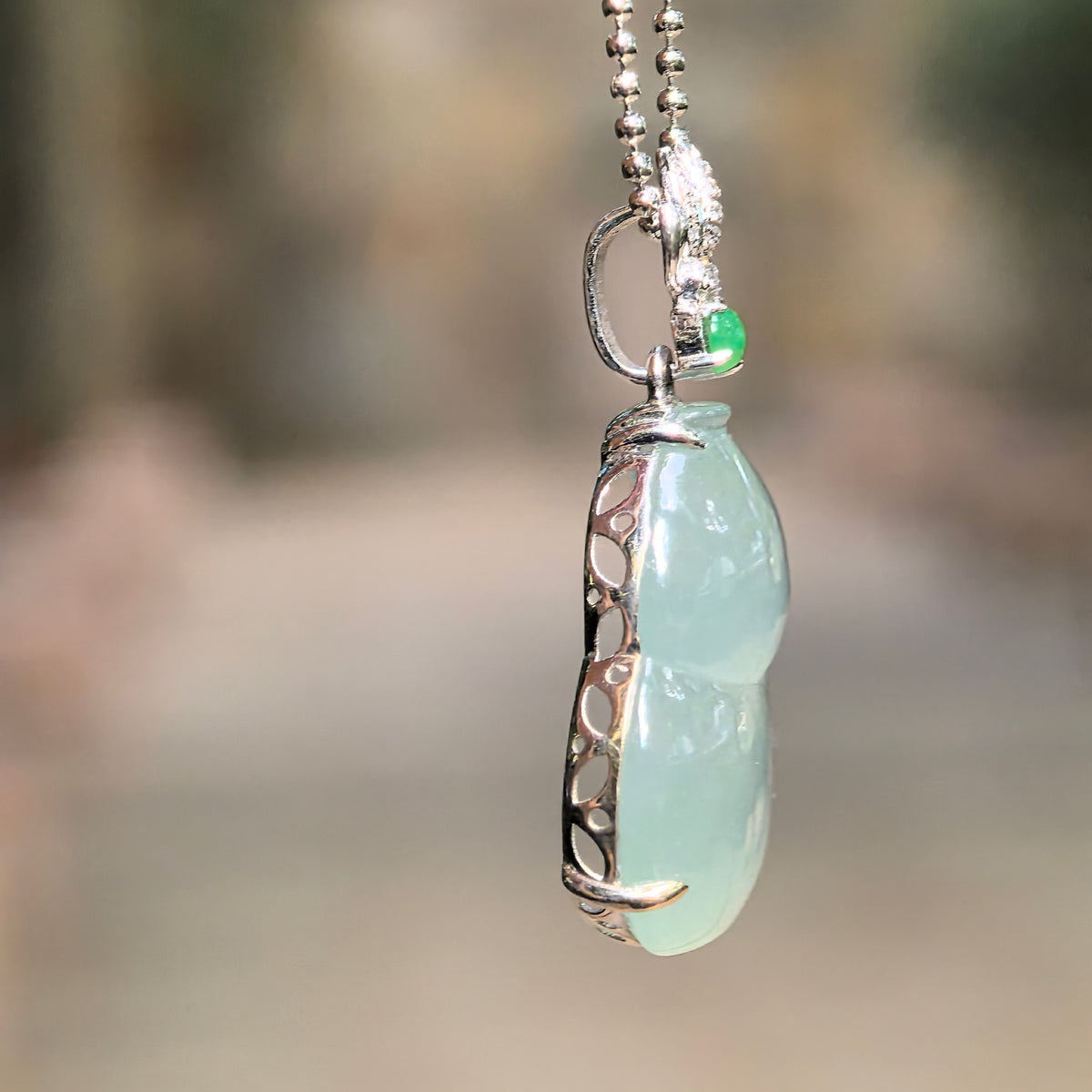 Icy Light Green Jadeite Gourd Pendant with 18K Gold and Diamonds