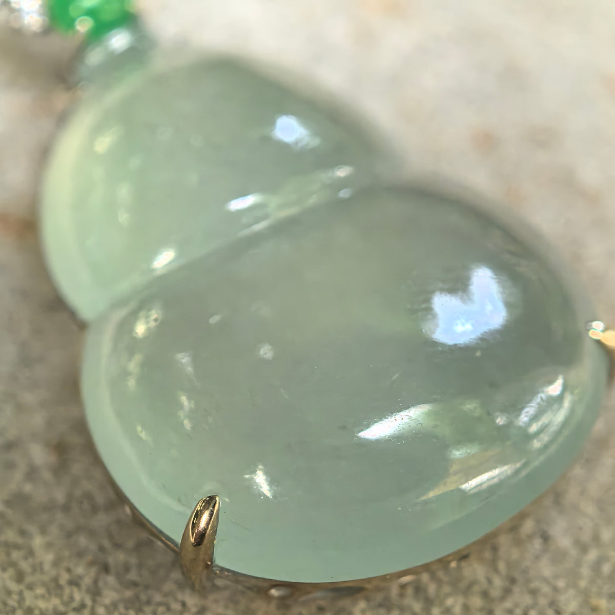 Icy Light Green Jadeite Gourd Pendant with 18K Gold and Diamonds