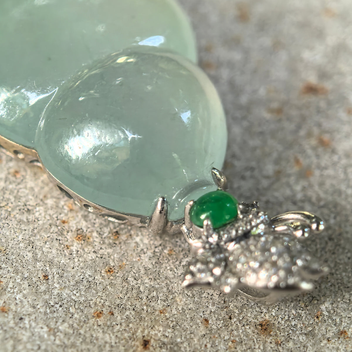 Icy Light Green Jadeite Gourd Pendant with 18K Gold and Diamonds