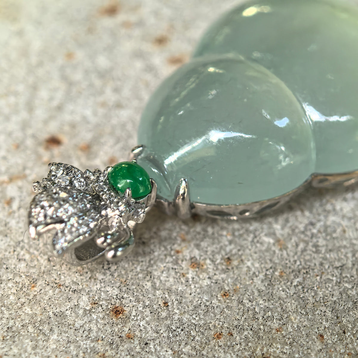 Icy Light Green Jadeite Gourd Pendant with 18K Gold and Diamonds