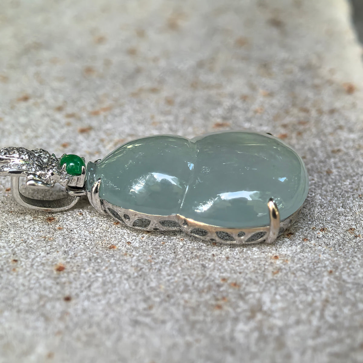 Icy Light Green Jadeite Gourd Pendant with 18K Gold and Diamonds