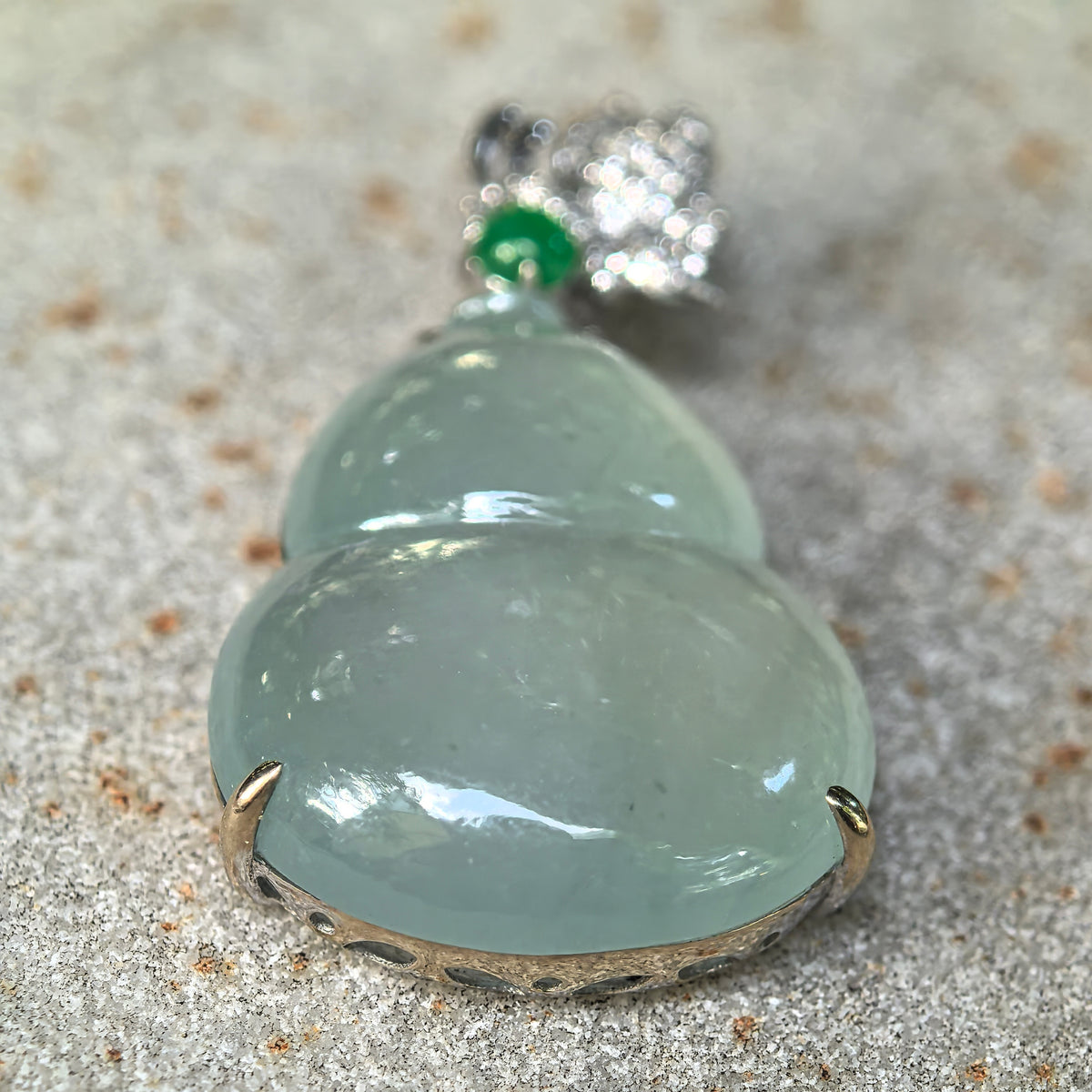 Icy Light Green Jadeite Gourd Pendant with 18K Gold and Diamonds