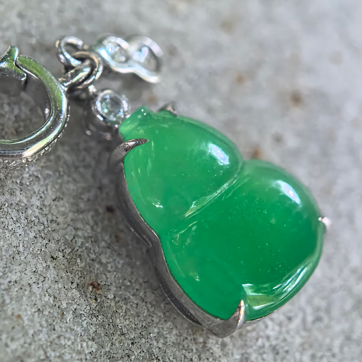 Icy Vivid Green Jadeite Gourd Pendant with 18K Gold and Diamonds