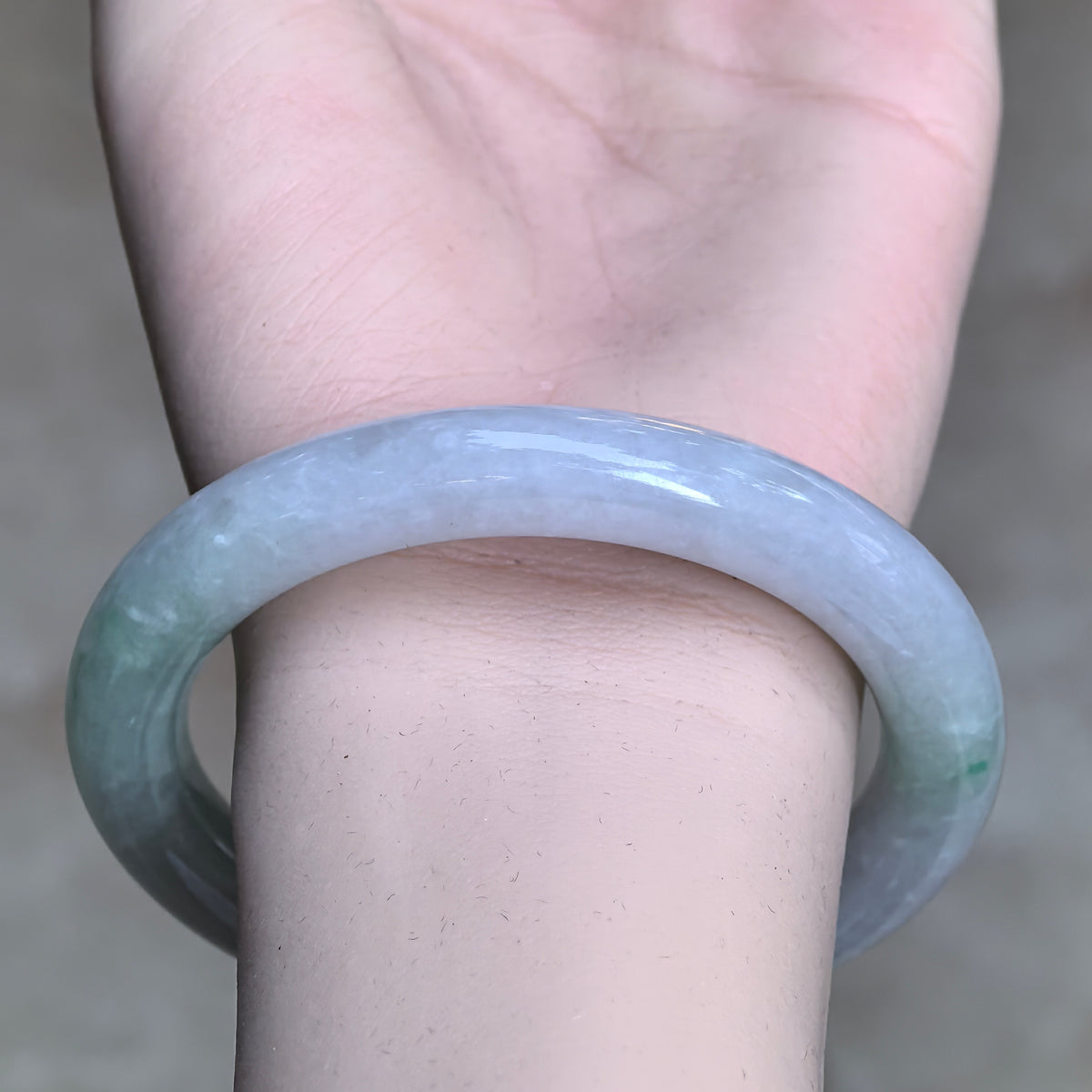 Glutinous Pale Green and Pale Lavender Round Jadeite Bangle -57mm