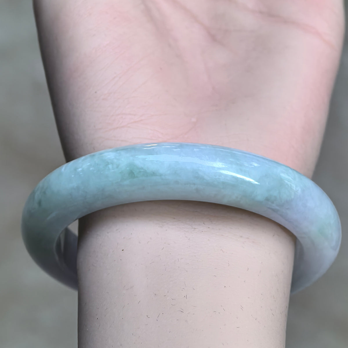 Glutinous Pale Green and Pale Lavender D-Shape Jadeite Bangle -57mm