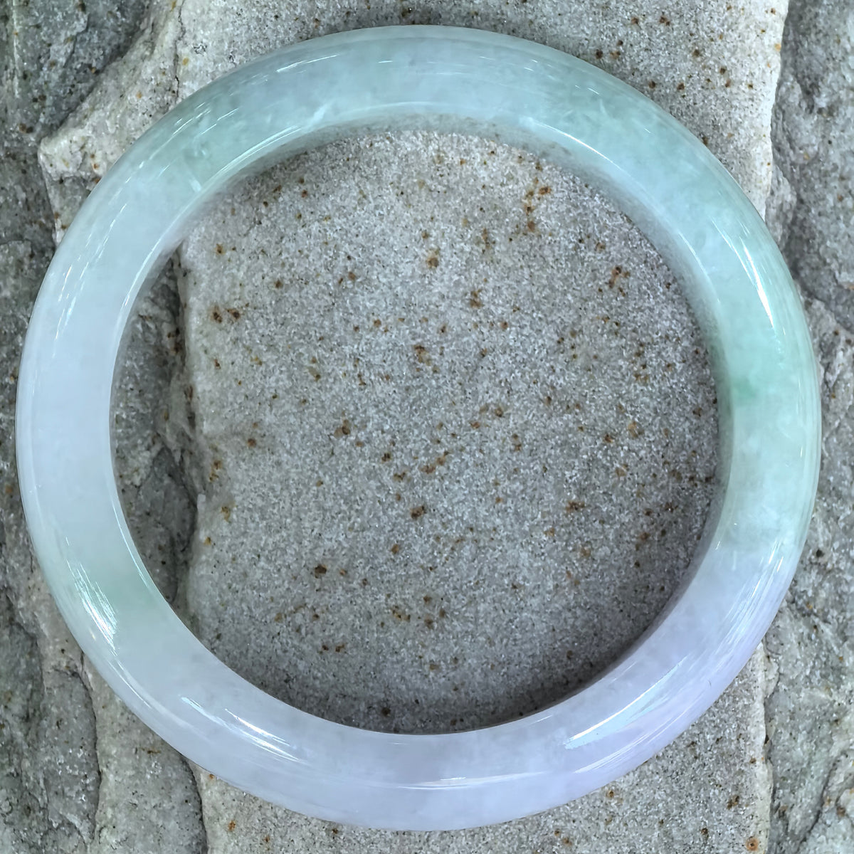 Glutinous Pale Green and Pale Lavender D-Shape Jadeite Bangle -57mm