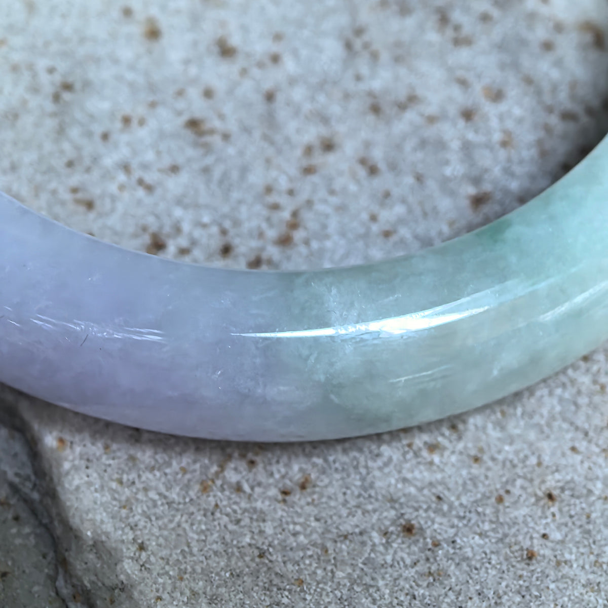 Glutinous Pale Green and Pale Lavender D-Shape Jadeite Bangle -57mm