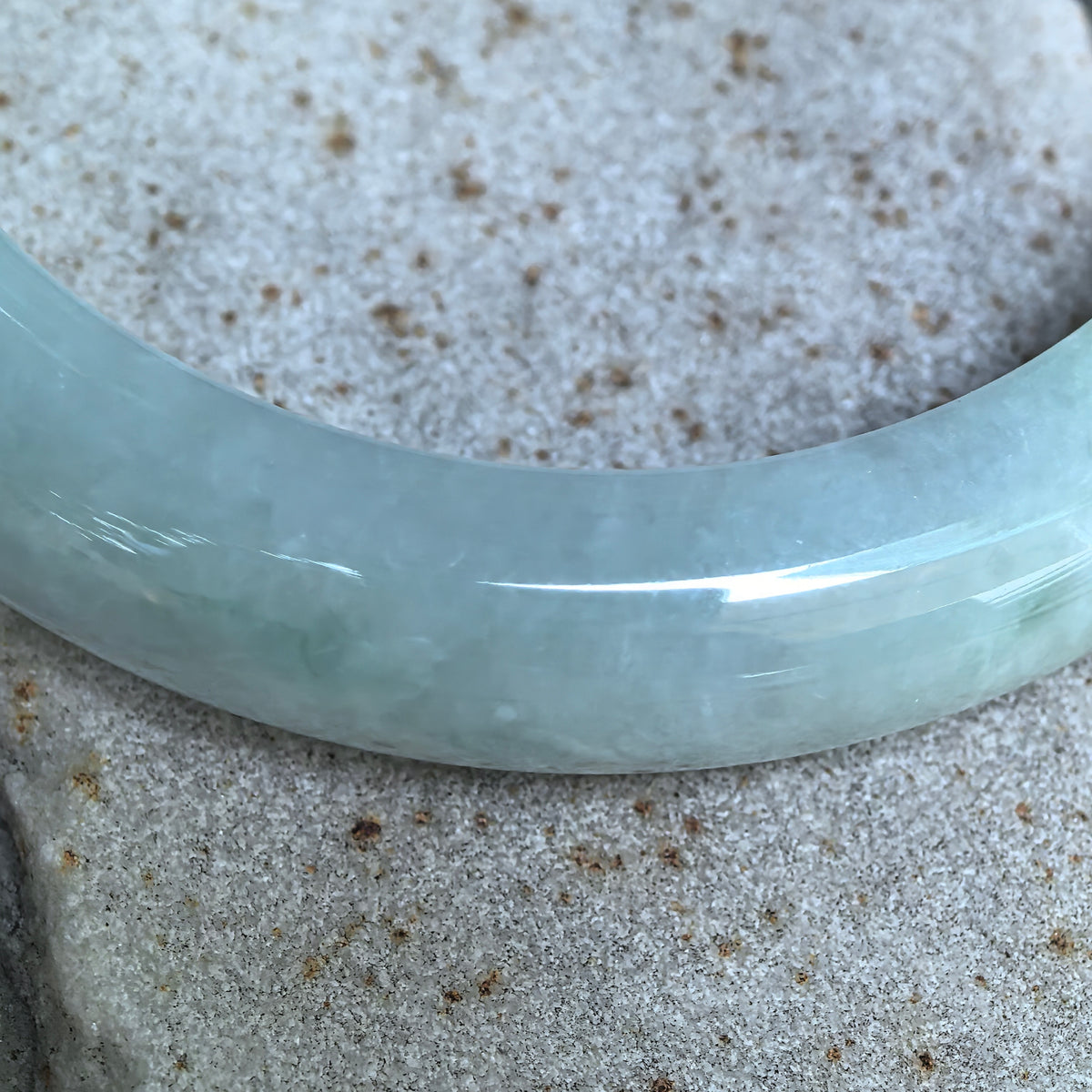 Glutinous Pale Green and Pale Lavender D-Shape Jadeite Bangle -57mm