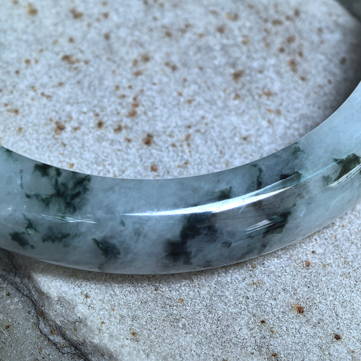 Glutinous Jadeite D-Shape Bangle with Deep Green Floating Patterns -58mm