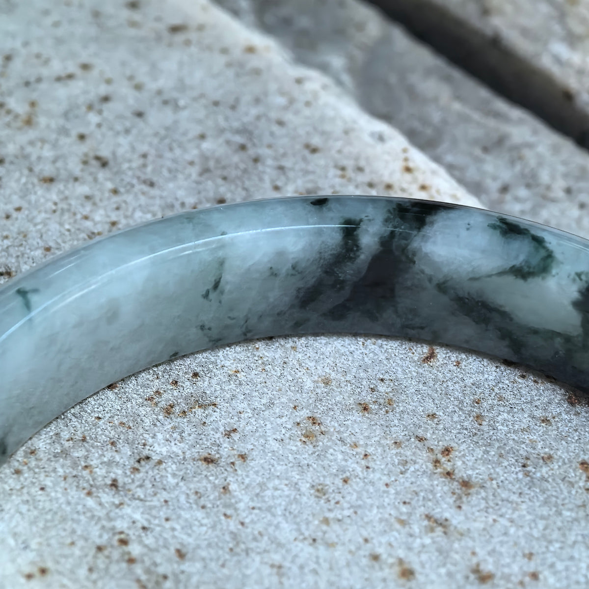 Glutinous Jadeite D-Shape Bangle with Deep Green Floating Patterns -58mm