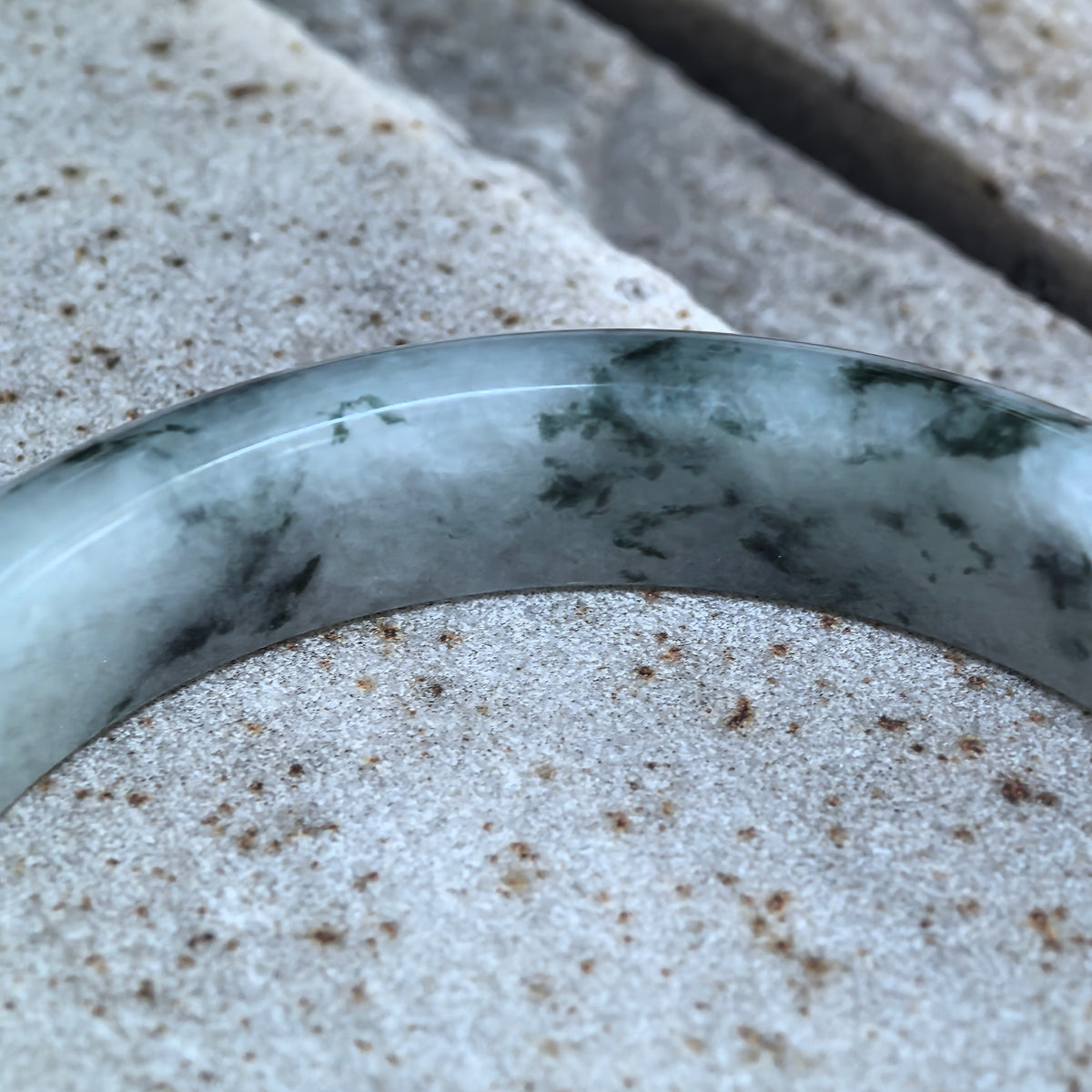 Glutinous Jadeite D-Shape Bangle with Deep Green Floating Patterns -58mm