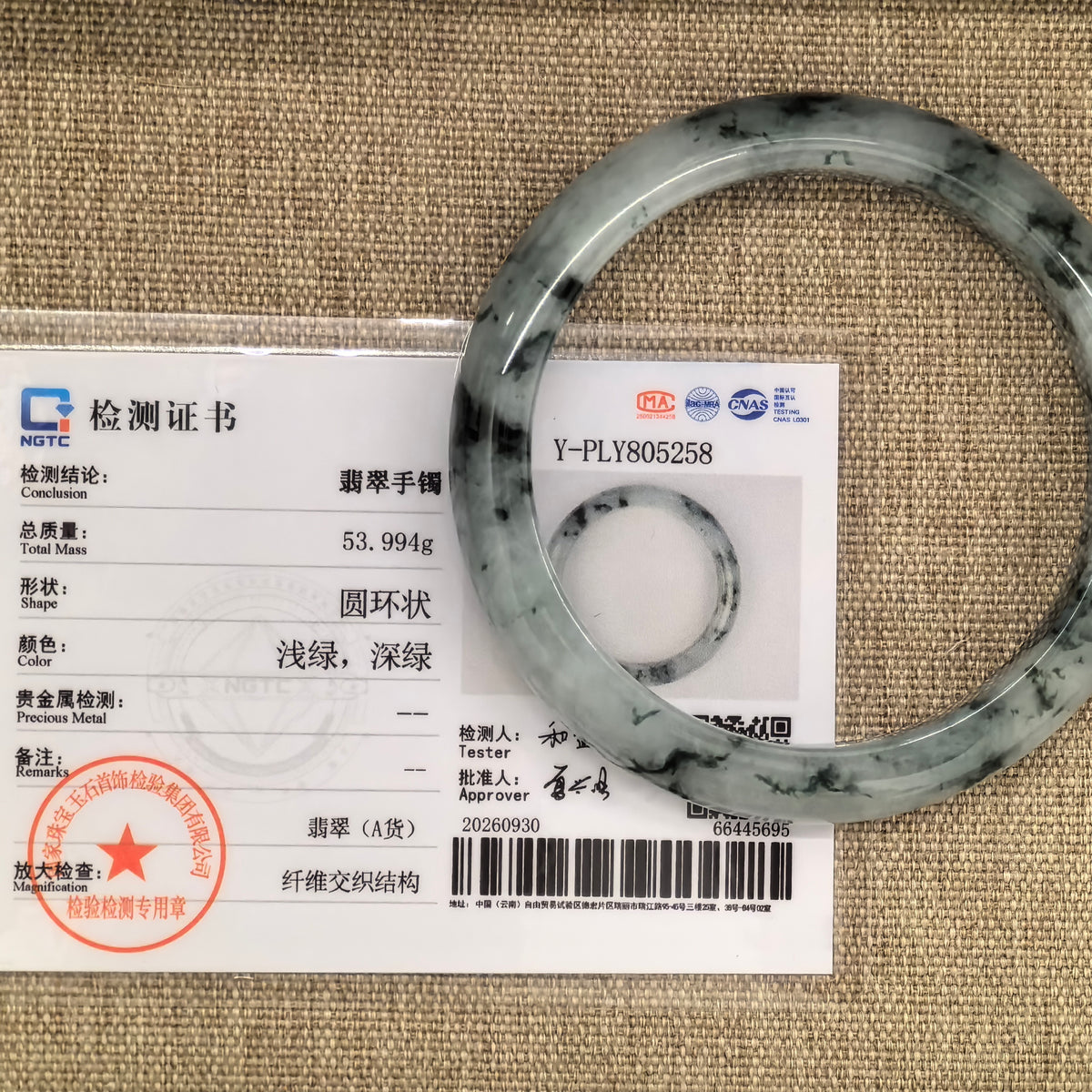 Jadeite D-shape bangle with deep green floating patterns displayed alongside its matching NGTC certificate on a woven background.