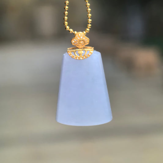 Icy glutinous lavender jadeite Plain Plaque Pendant hanging from a gold-colored bead chain, with a decorative 18K gold bail and diamond accents.