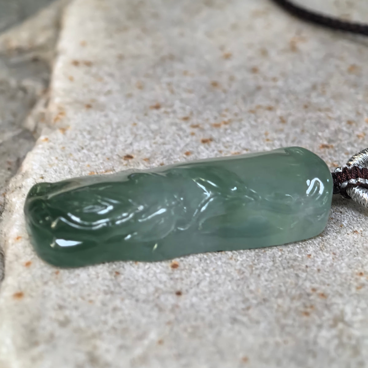 Icy Green Jadeite Bamboo Pendant with Carved Leaves