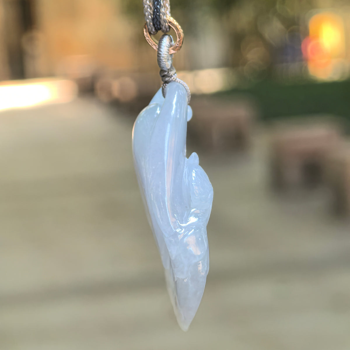 Fine Glutinous Blue-Lavender Jadeite Lotus and Fish Pendant