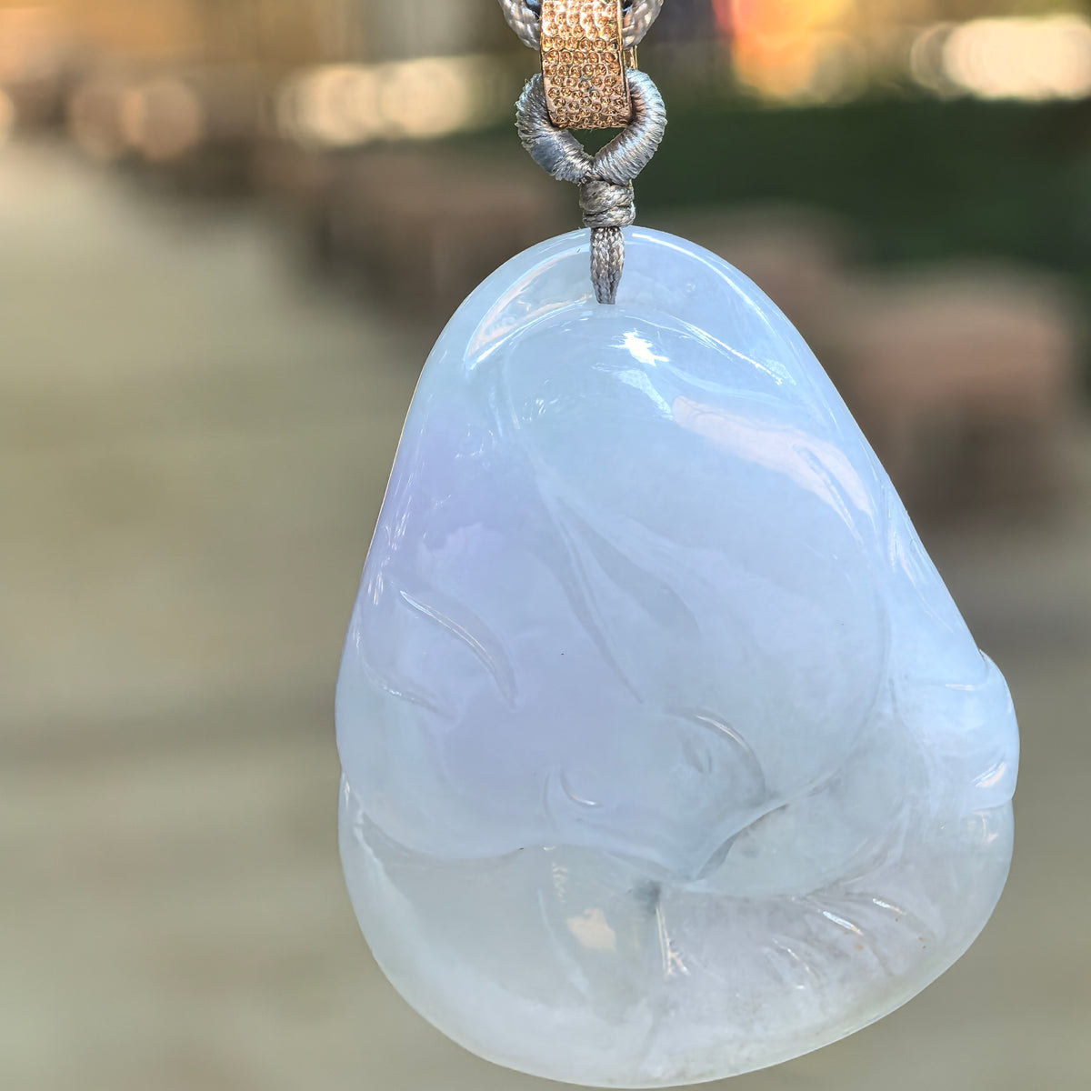 Fine Glutinous Blue-Lavender Jadeite Lotus and Fish Pendant