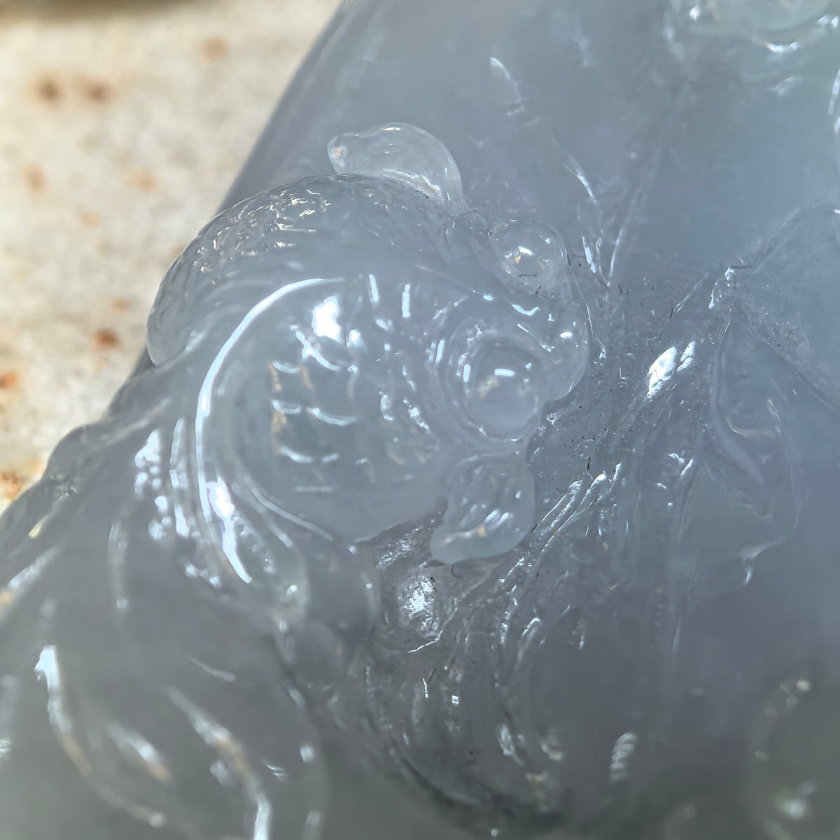Fine Glutinous Blue-Lavender Jadeite Lotus and Fish Pendant