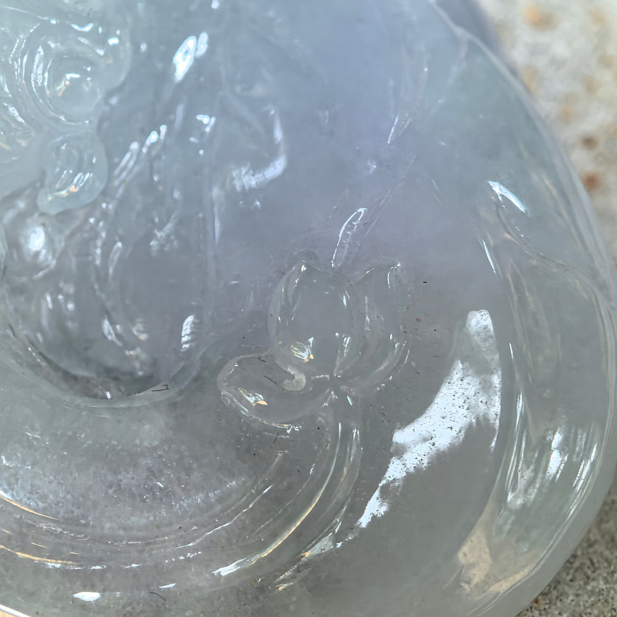 Fine Glutinous Blue-Lavender Jadeite Lotus and Fish Pendant