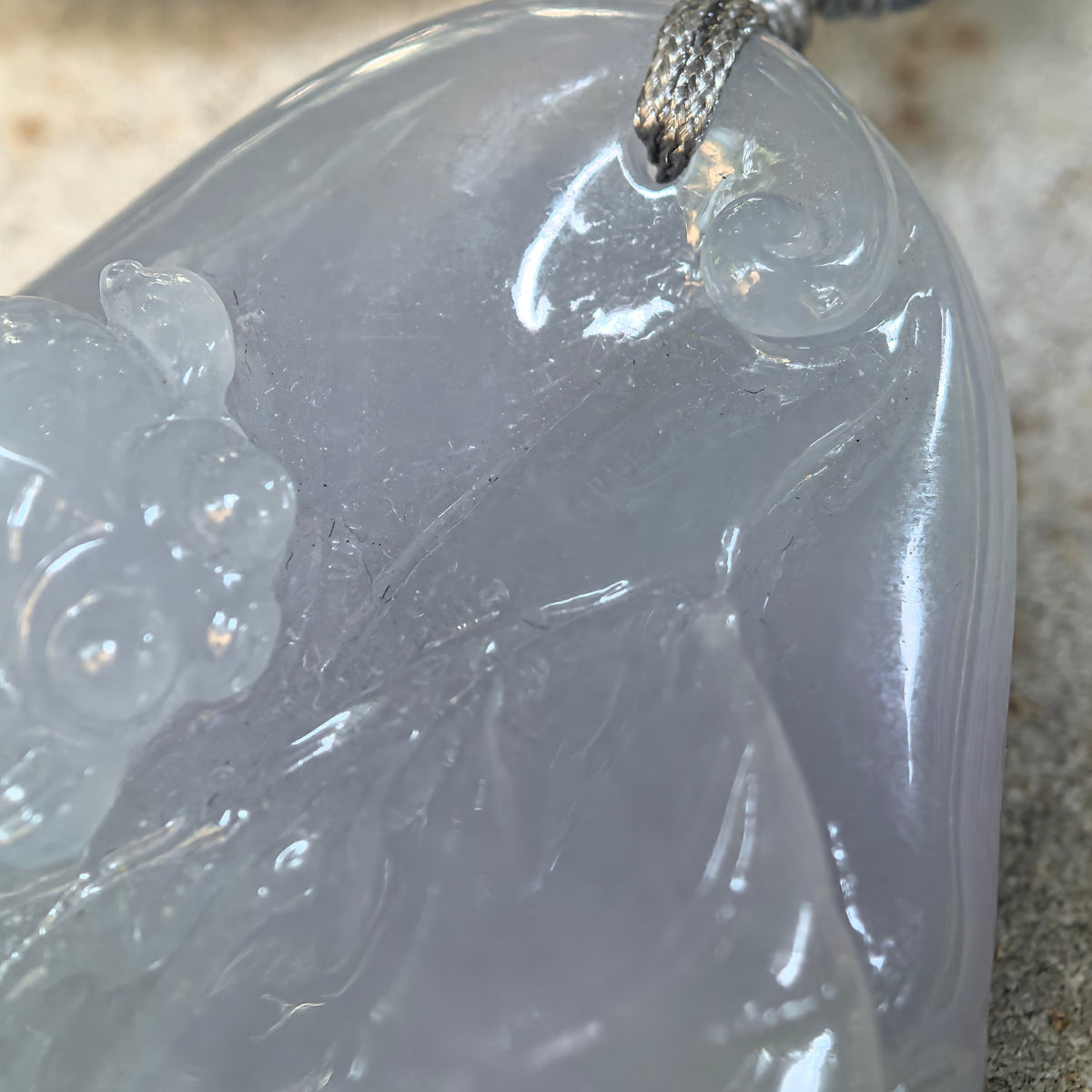 Fine Glutinous Blue-Lavender Jadeite Lotus and Fish Pendant