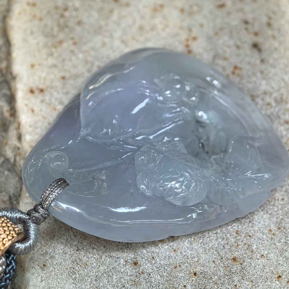 Fine Glutinous Blue-Lavender Jadeite Lotus and Fish Pendant