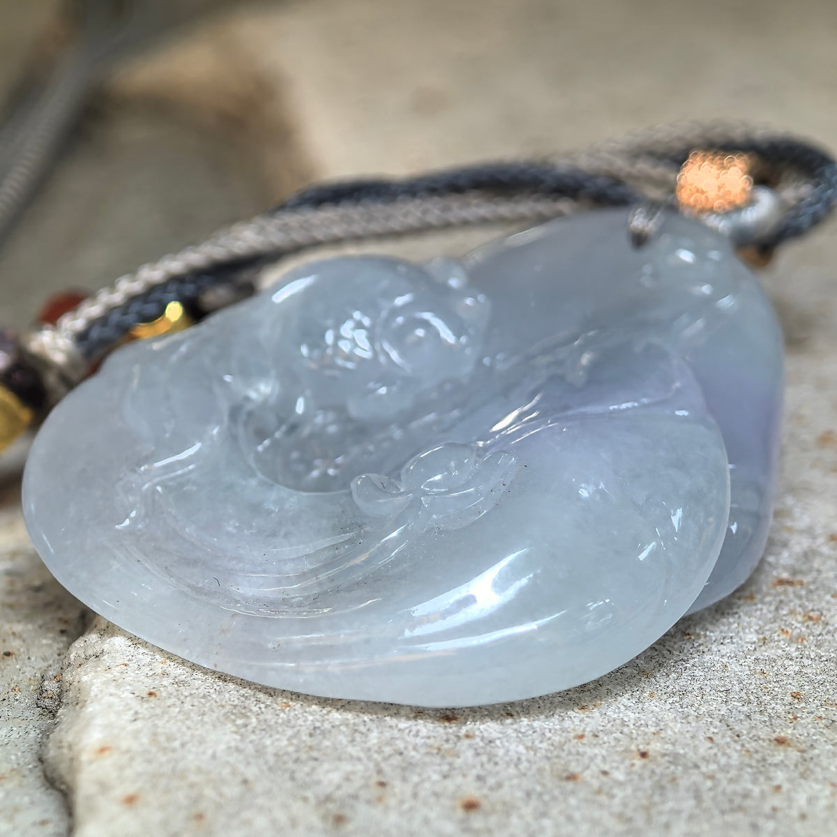 Fine Glutinous Blue-Lavender Jadeite Lotus and Fish Pendant