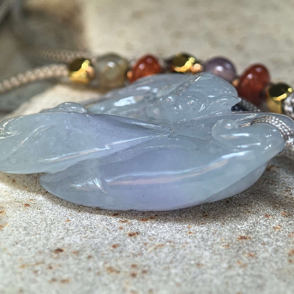 Fine Glutinous Blue-Lavender Jadeite Lotus and Fish Pendant