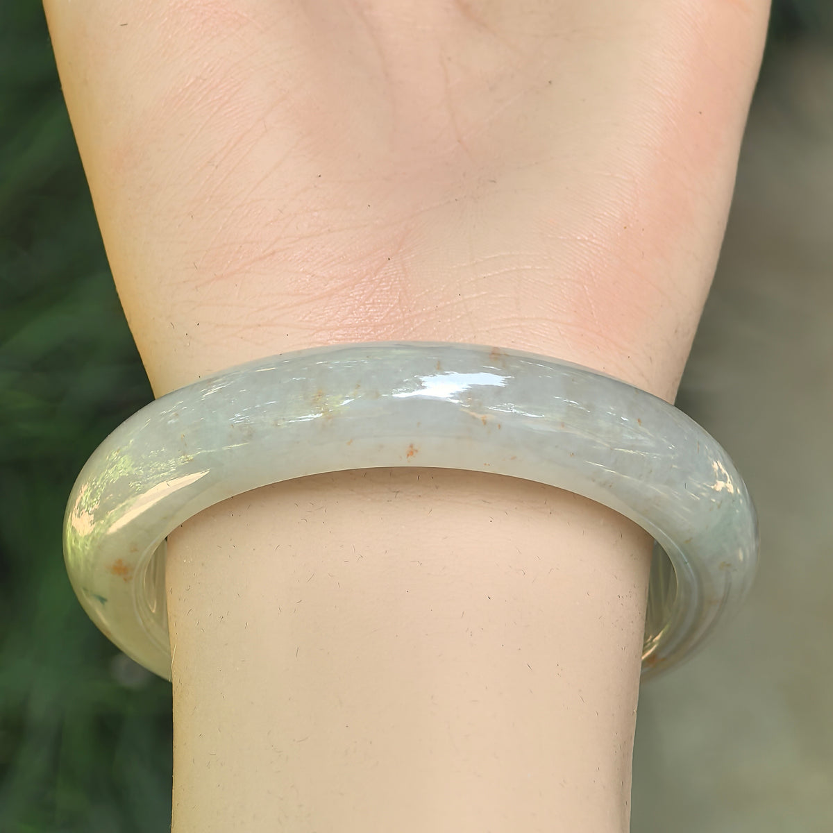 Icy Glutinous Pale Green D-Shape Jadeite Bangle with Golden Flecks -55mm