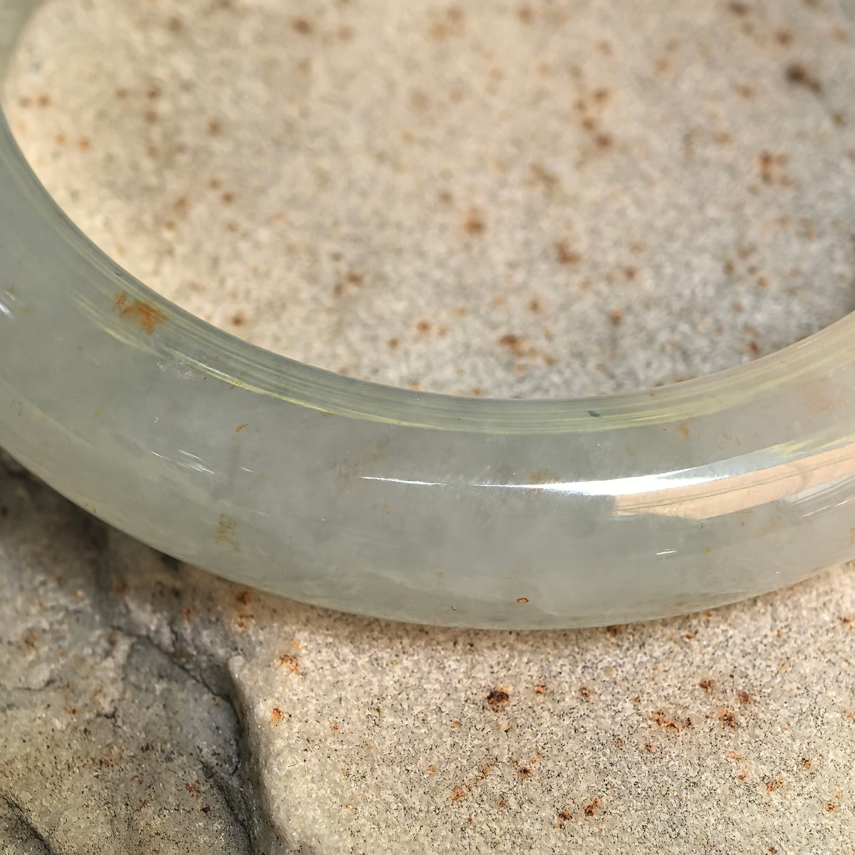 Icy Glutinous Pale Green D-Shape Jadeite Bangle with Golden Flecks -55mm