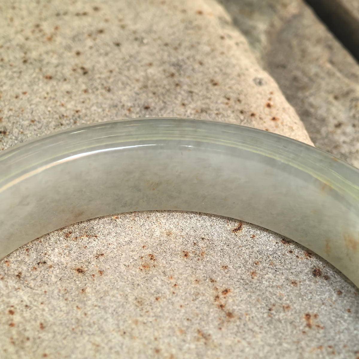 Icy Glutinous Pale Green D-Shape Jadeite Bangle with Golden Flecks -55mm