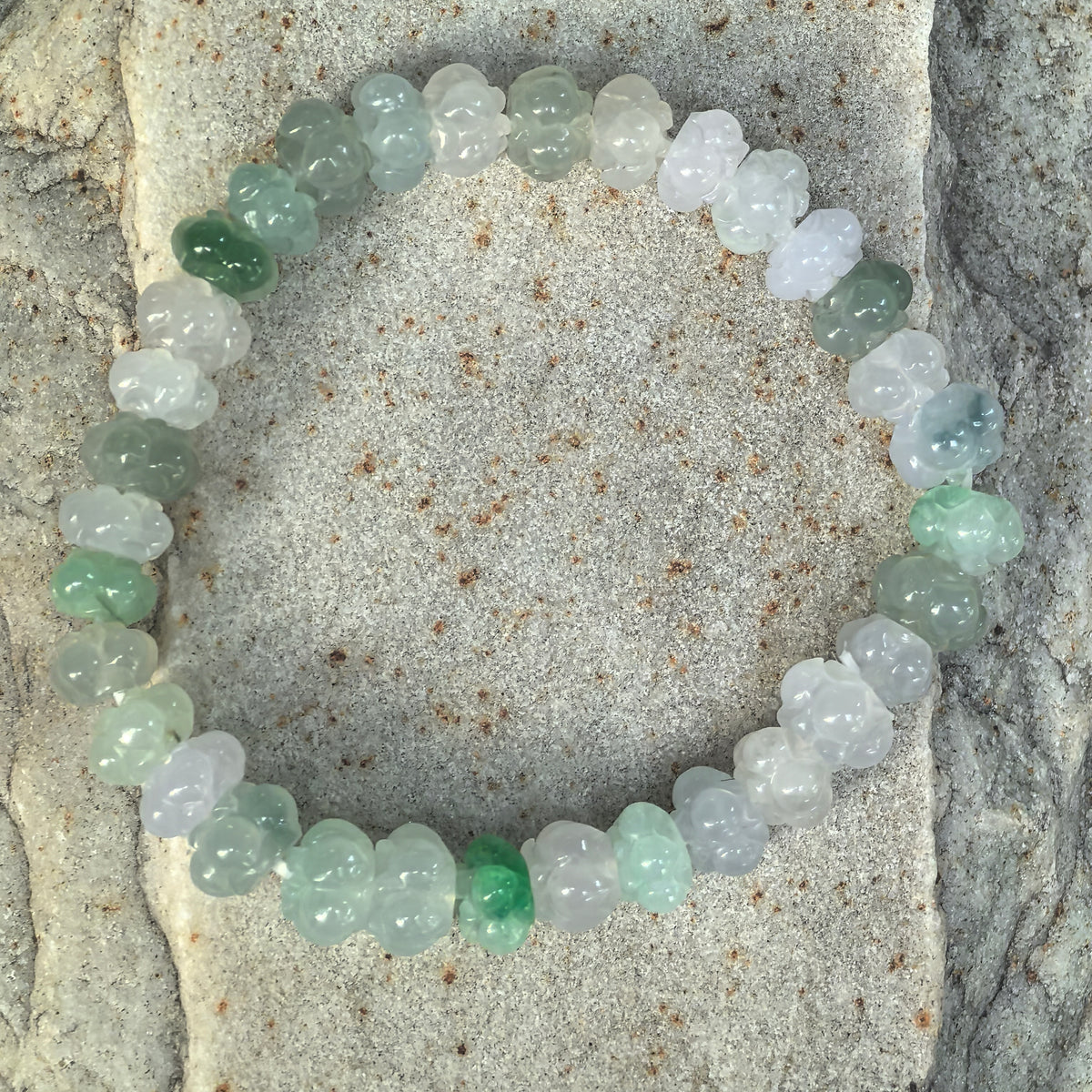 Fine Glutinous Light Green and White Lotus-Carved Jadeite Bead Bracelet -8mm