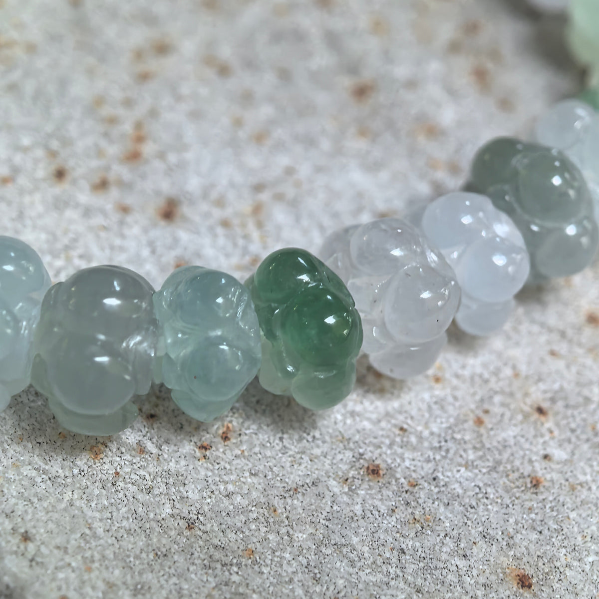 Fine Glutinous Light Green and White Lotus-Carved Jadeite Bead Bracelet -8mm