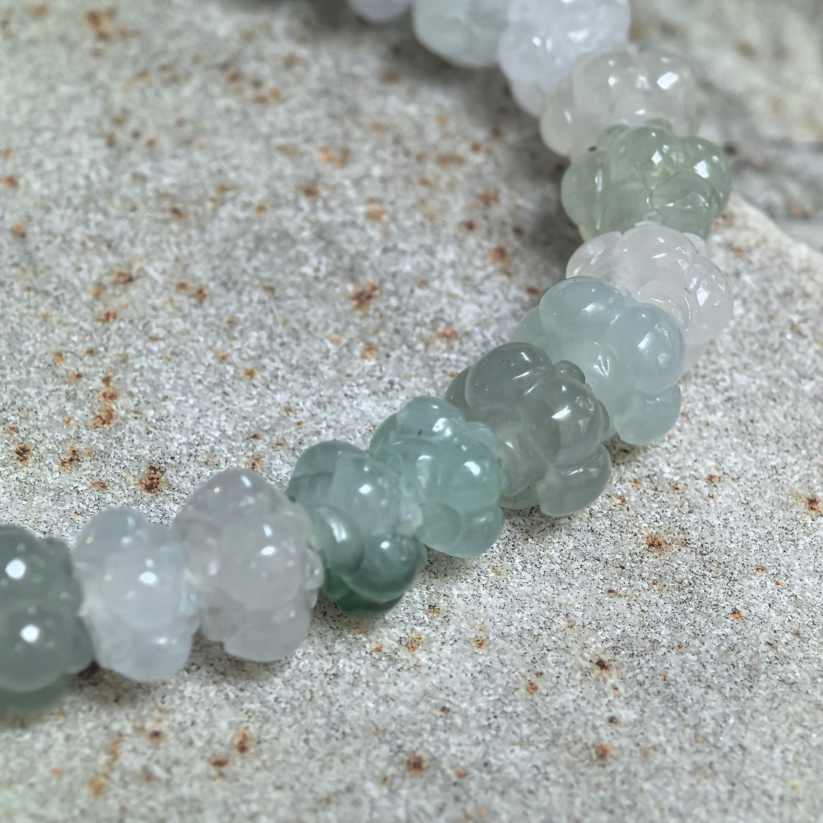 Fine Glutinous Light Green and White Lotus-Carved Jadeite Bead Bracelet -8mm