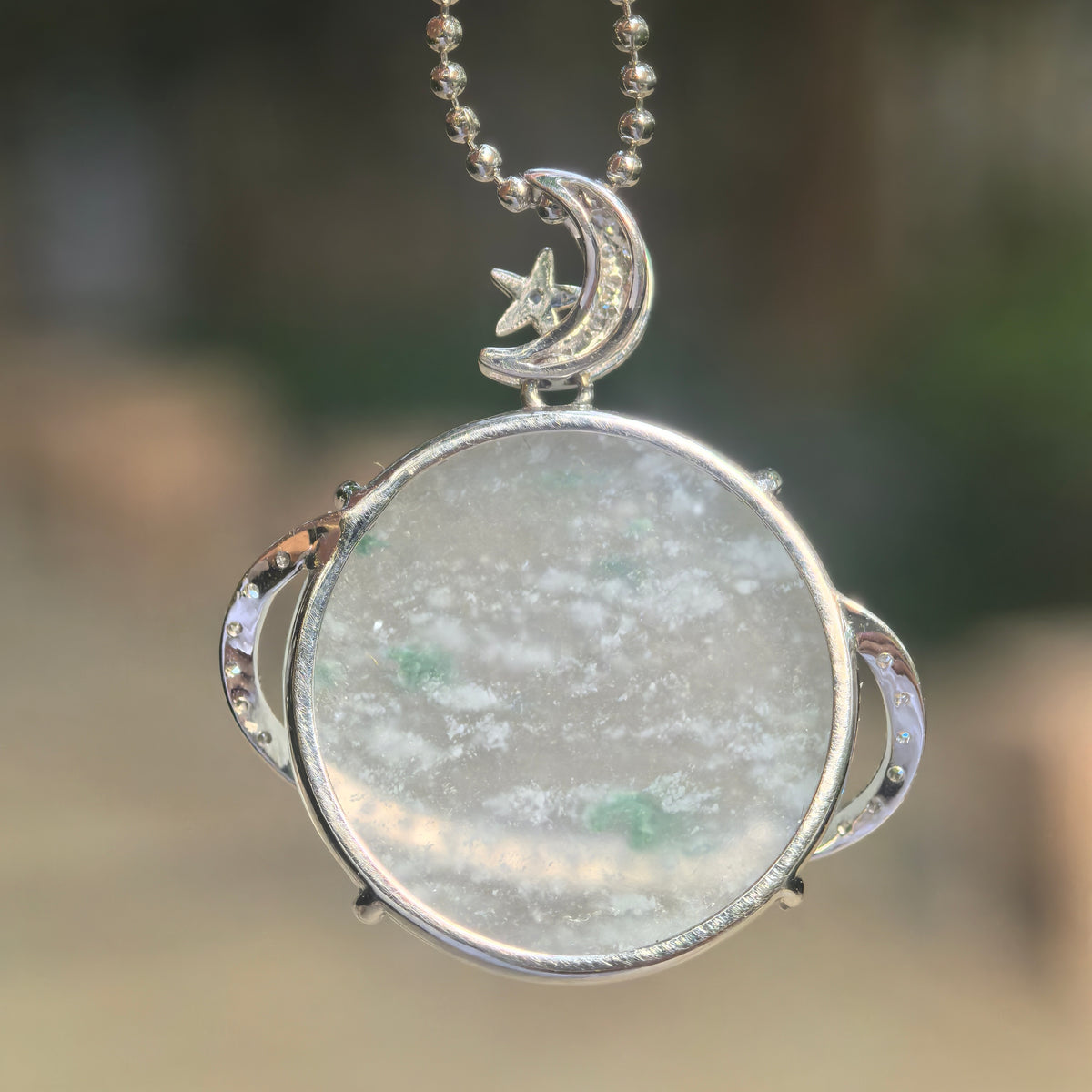Icy Pale Green Jadeite Planet Pendant with Snowflake-Like Inclusions