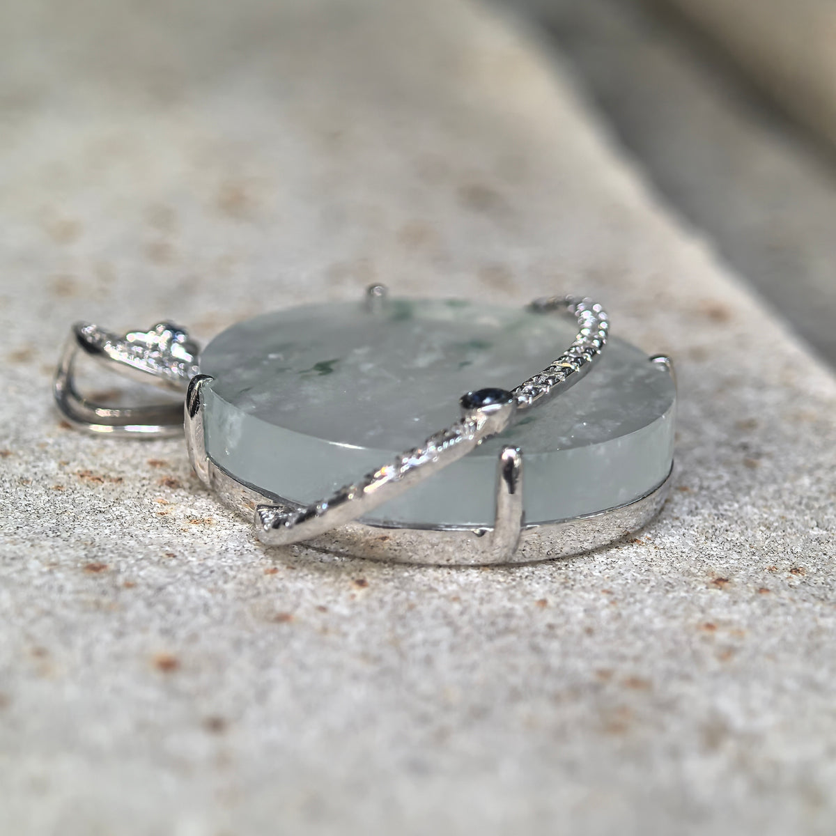 Icy Pale Green Jadeite Planet Pendant with Snowflake-Like Inclusions