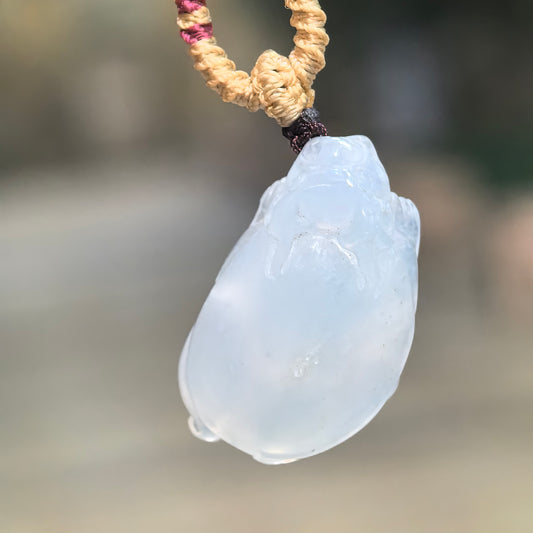 White jadeite dragon turtle pendant hanging from a knotted cord, showing its rounded shell, carved head and icy glutinous texture.