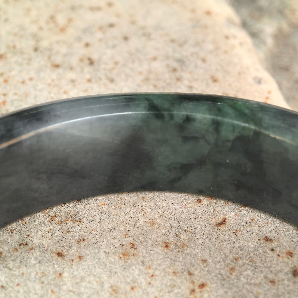 Glutinous Black-and-Green D-Shape Jadeite Bangle – 60mm