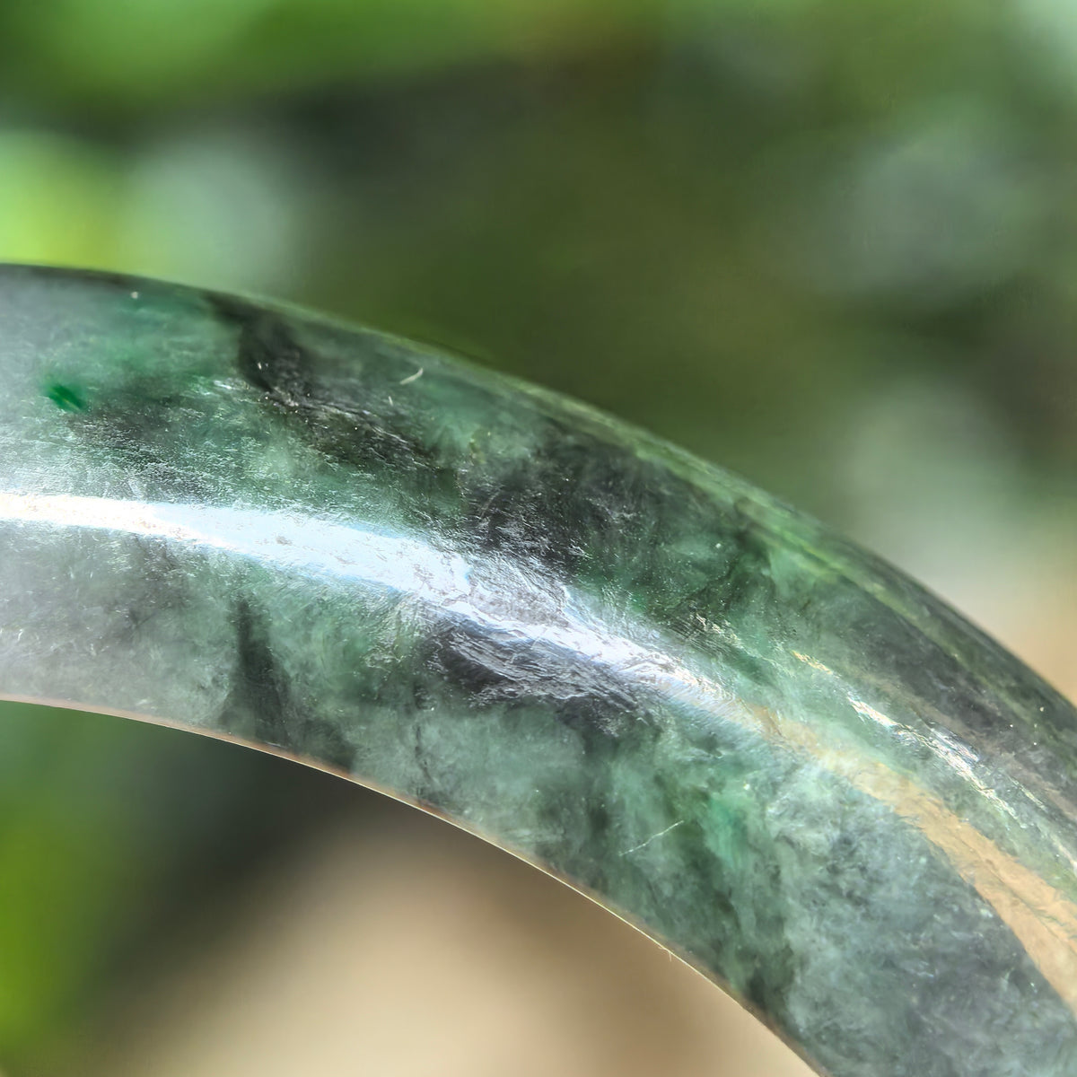 Glutinous Black-and-Green D-Shape Jadeite Bangle – 60mm