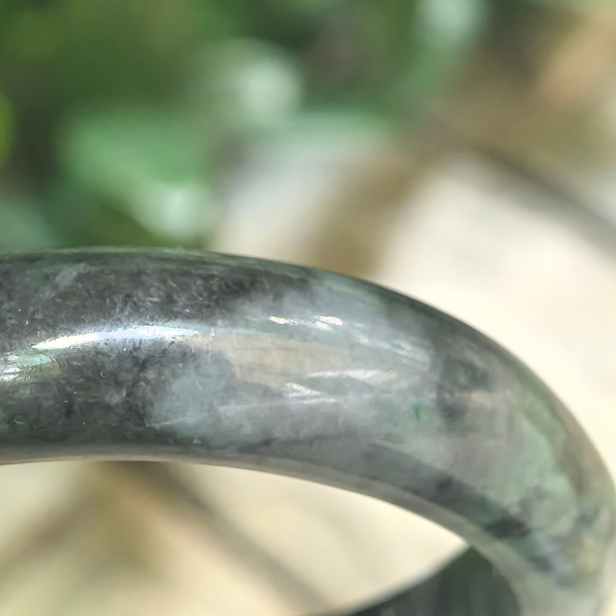 Glutinous Black-and-Green D-Shape Jadeite Bangle – 60mm