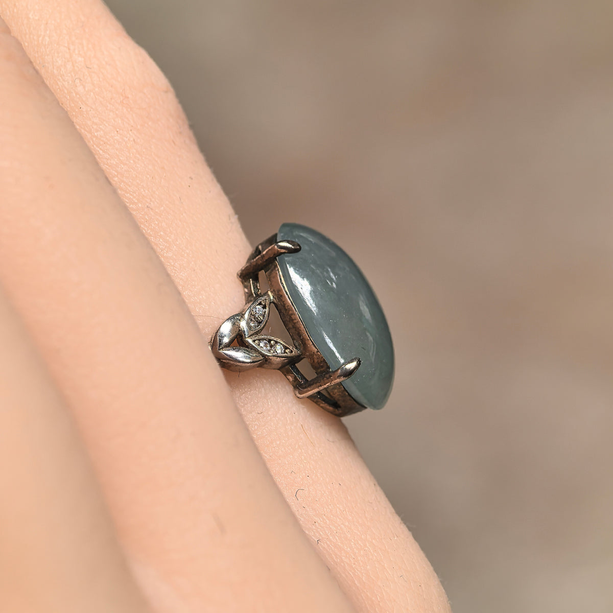 Icy Glutinous Lake Green Oval Jadeite Ring -US8 Adjustable