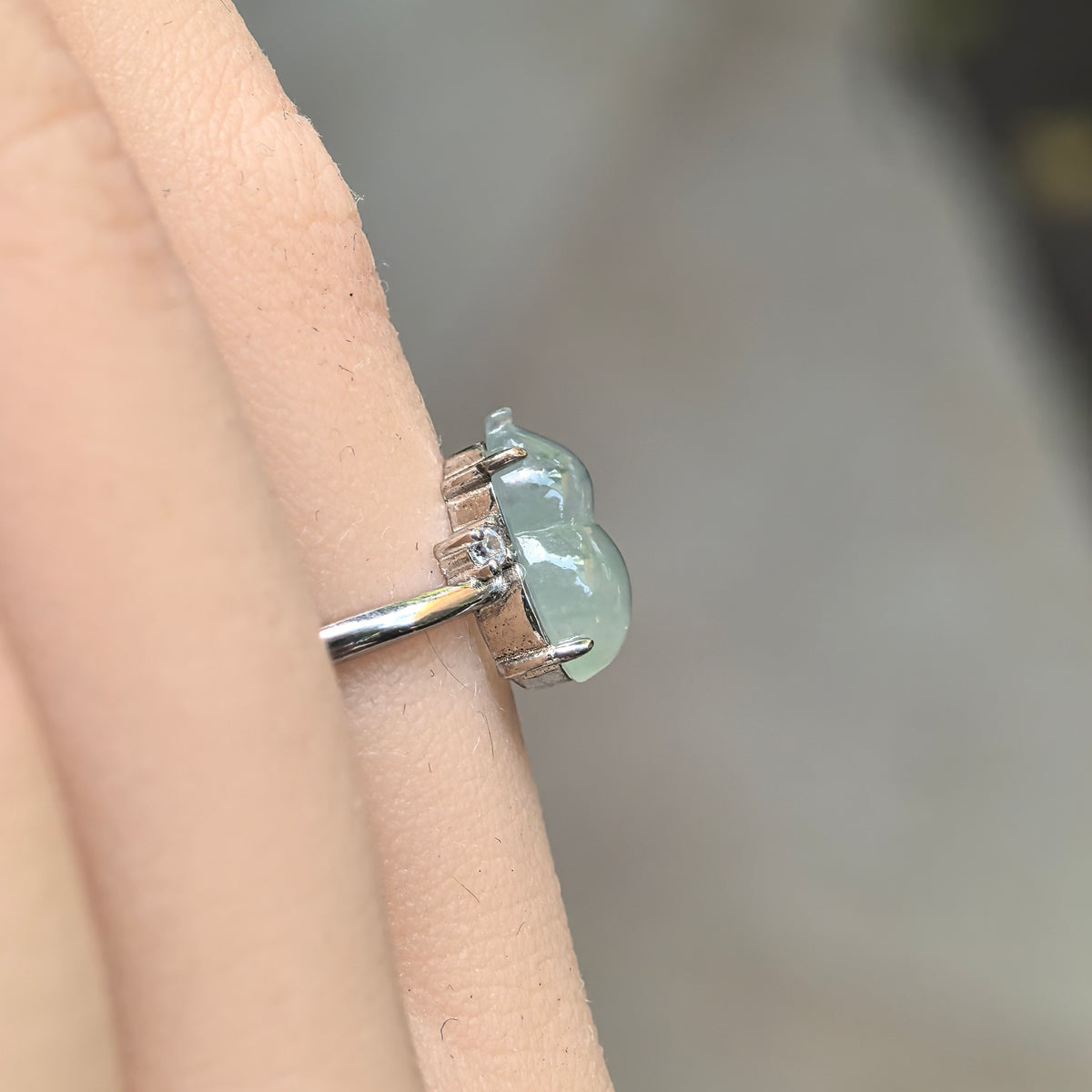 Icy Glutinous Pale Green Gourd Hulu Jadeite Ring -US6 Adjustable