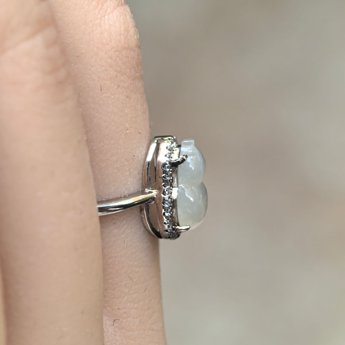 Icy Glutinous White Gourd Hulu Jadeite Ring with Snowflake-Like Inclusions -US6.5 Adjustable