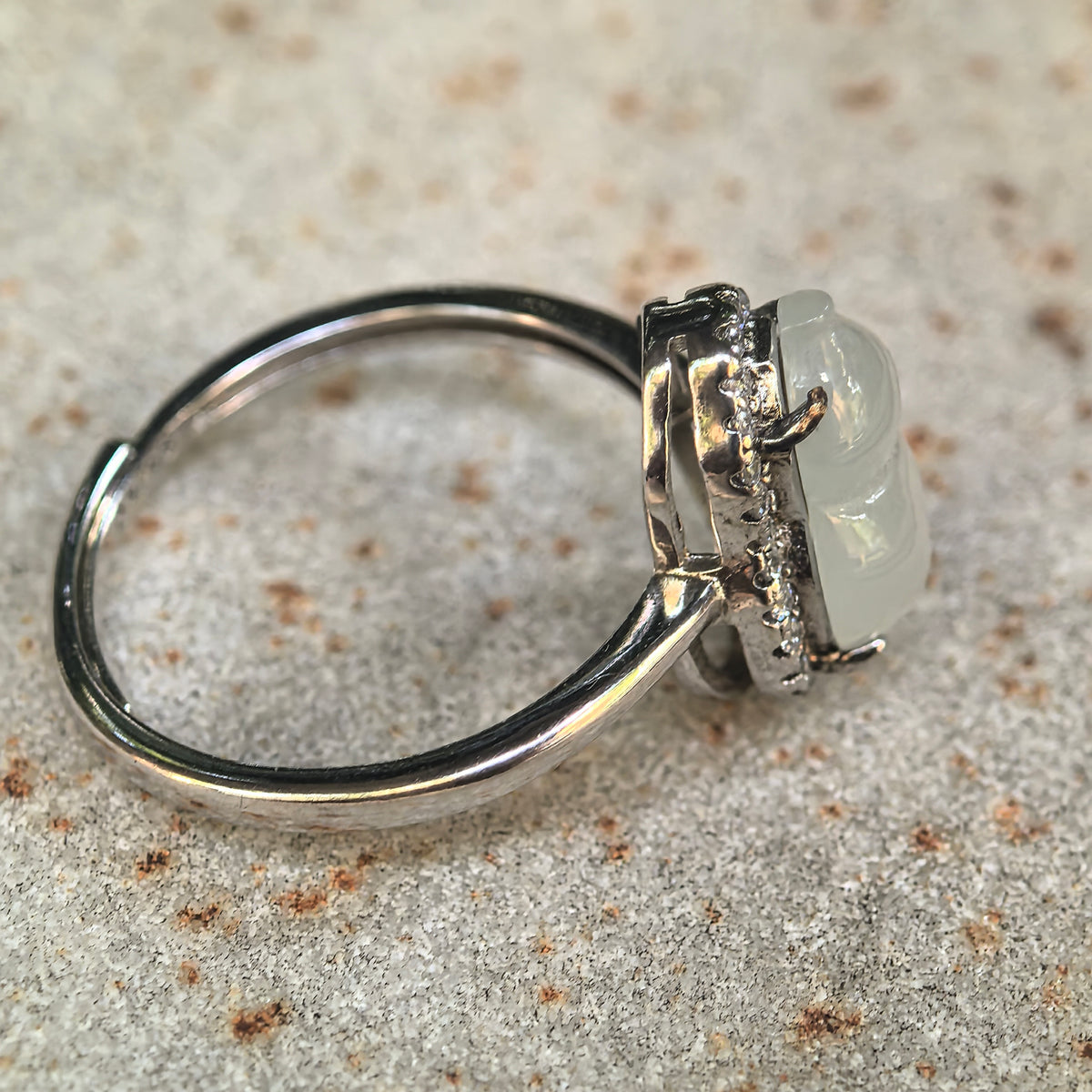 Icy Glutinous White Gourd Hulu Jadeite Ring with Snowflake-Like Inclusions -US6.5 Adjustable