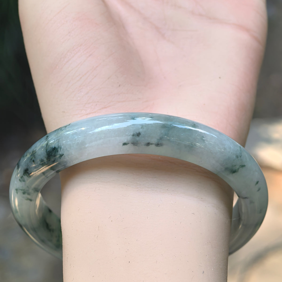 Icy Glutinous Dark Green Floating Flower D-Shape Jadeite Bangle -60mm