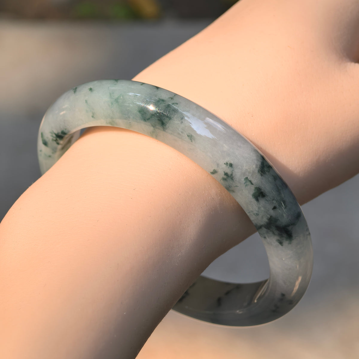 Icy Glutinous Dark Green Floating Flower D-Shape Jadeite Bangle -60mm