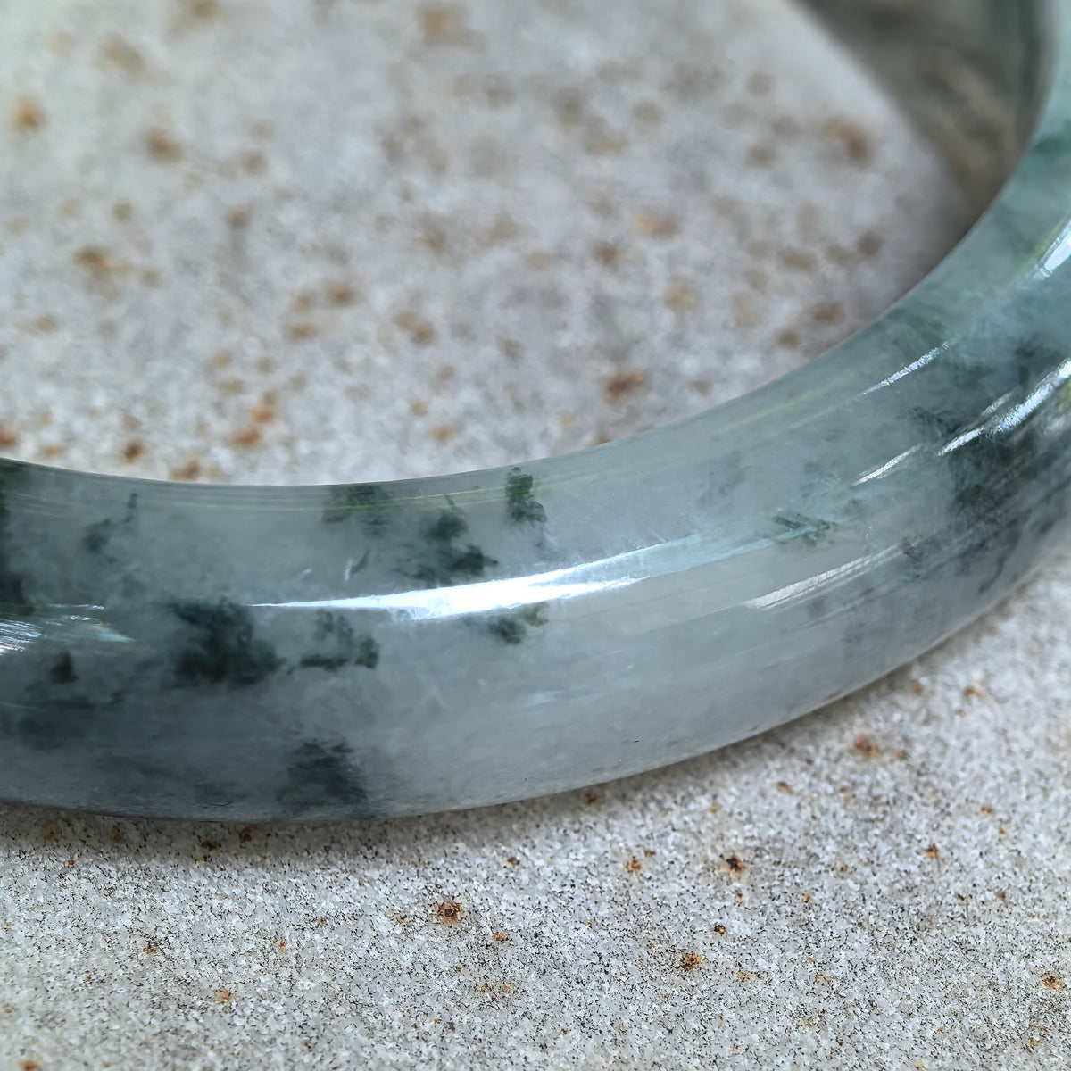 Icy Glutinous Dark Green Floating Flower D-Shape Jadeite Bangle -60mm
